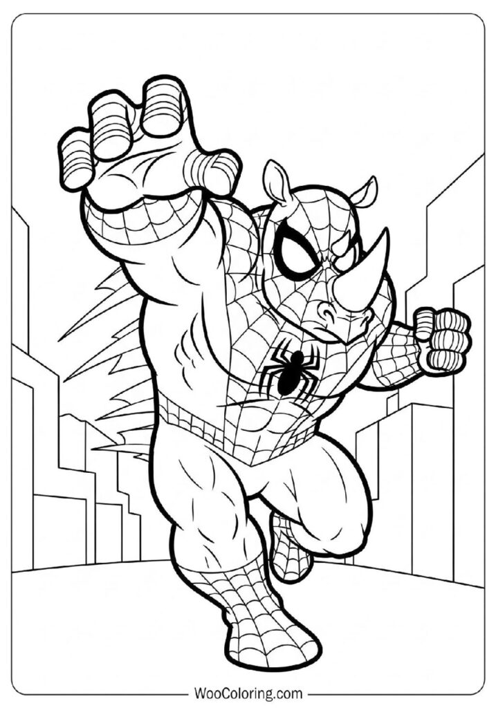 Rhino Spiderman Charging Forward in an Intense Action Moment Coloring Sheet for Preschoolers