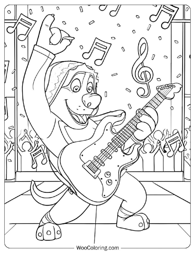 Bodi the Rock Dog Playing Guitar on Stage Surrounded by Music and Lights