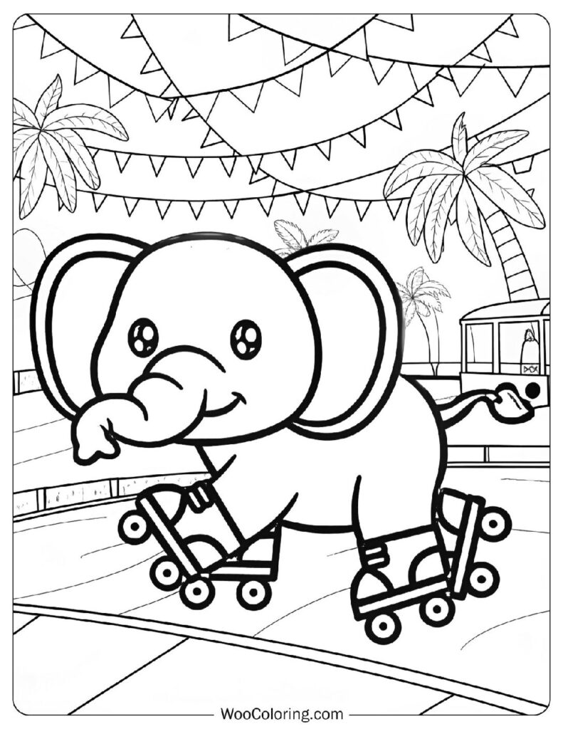 Roller Skating Elephant Coloring Sheet with Big Glasses and Stripes