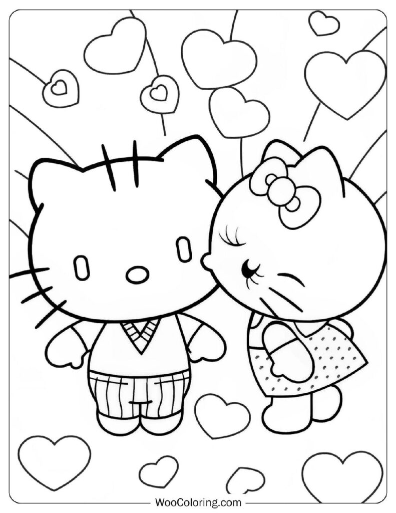 Romantic Hello Kitty Kissing Dear Daniel On The Cheek Coloring Sheet For Preschoolers