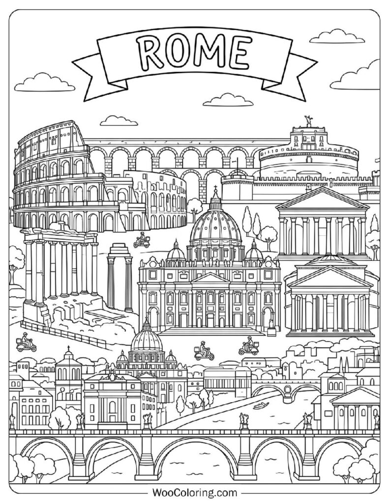 Rome Cityscape with Colosseum and Roman Forum Landmarks Picture to Color