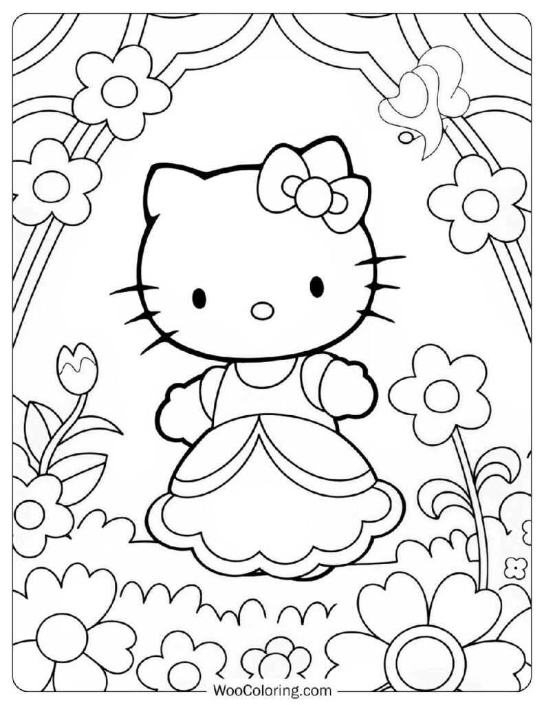 Royal Princess Hello Kitty In Flower Field Coloring Page For Kids
