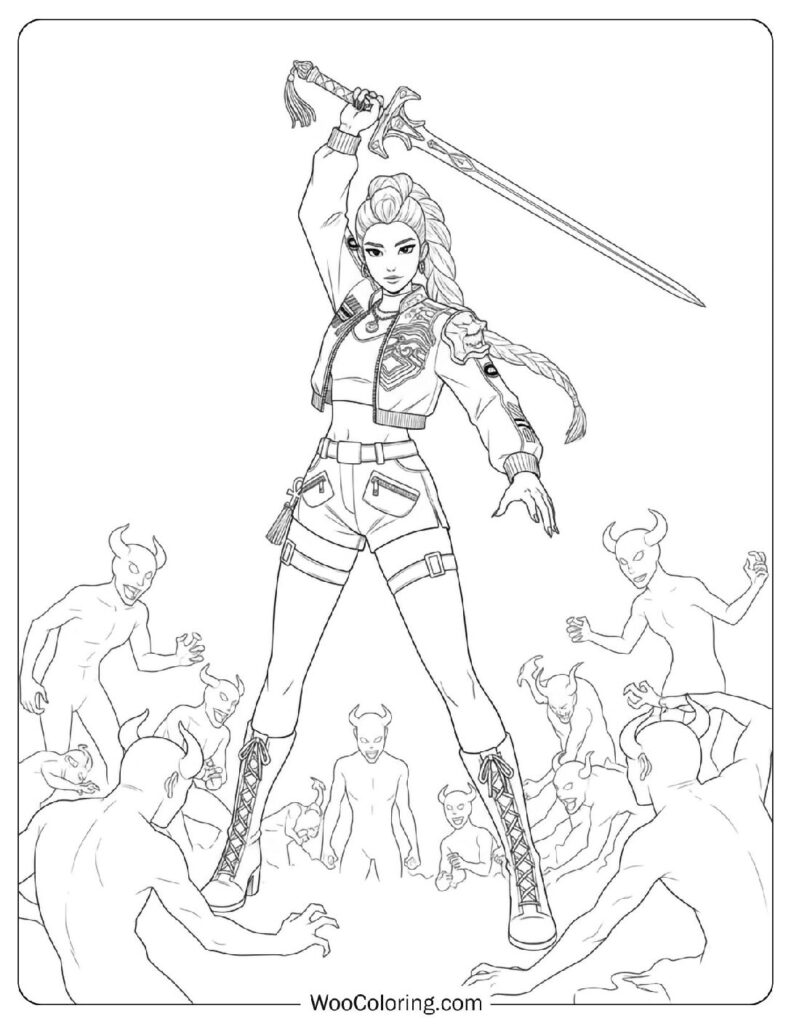 Rumi KPop Demon Hunters fearless warrior in the heat of battle Coloring Page