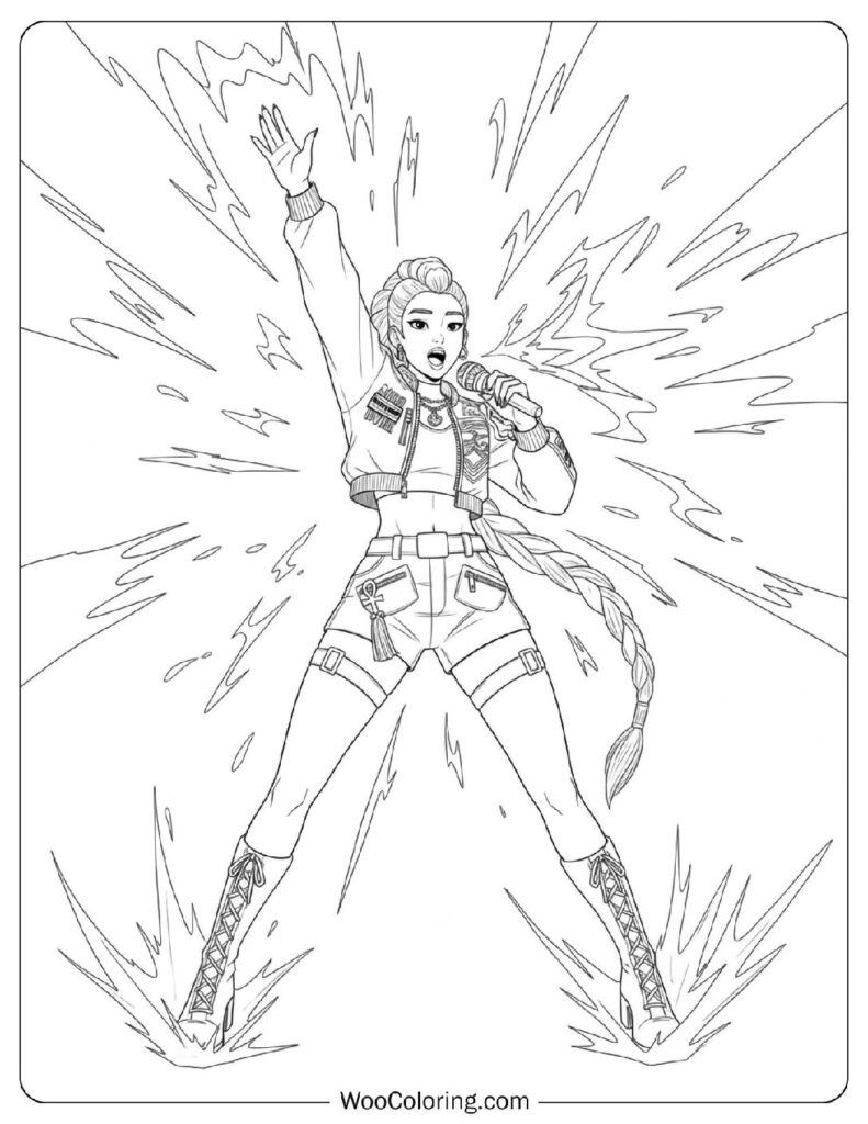 Rumi unleashing her powerful voice in the middle of a storm Coloring Page for Kids