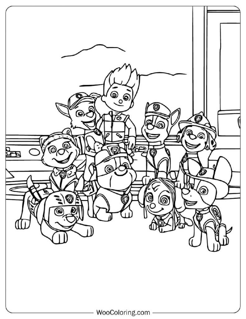 Ryder with All the PAW Patrol Pups Ready for Action in Adventure Bay Coloring Page