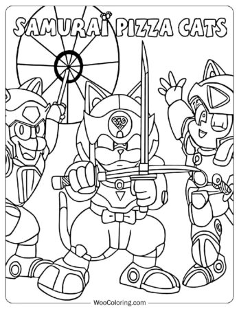 Samurai Pizza Cats with Guido Anchovy, Speedy Cerviche, and Polly Esther Coloring Page