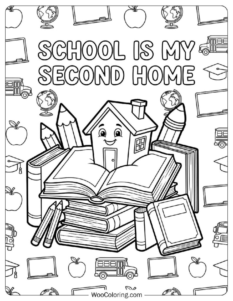 School Is My Second Home Text with Books and Pencils Coloring Sheet for Kids