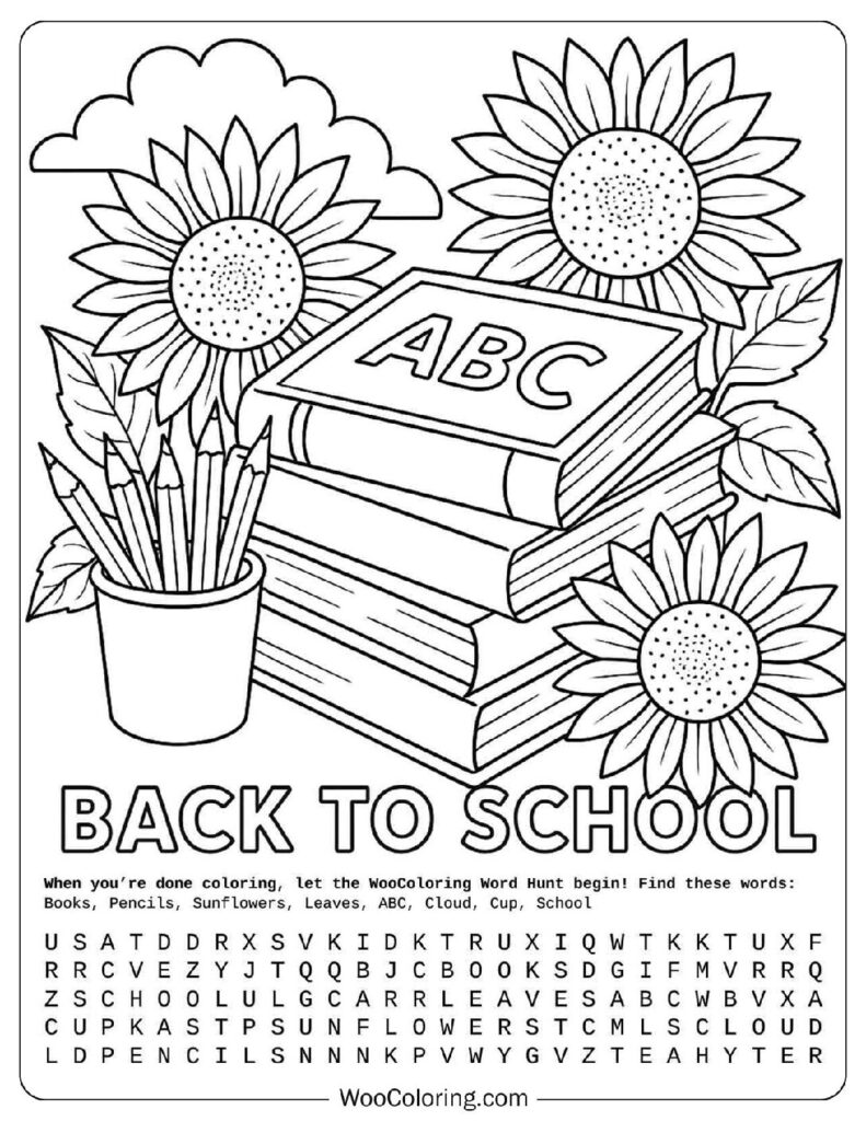 Books, pencils and sunflowers with back to school message in seasonal summer coloring page