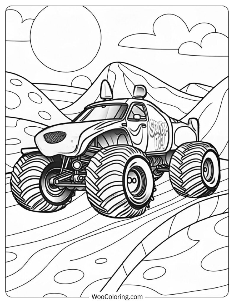 Scooby Doo Themed Monster Truck With Dog Ears and Tail Racing Around the Arena for Kids