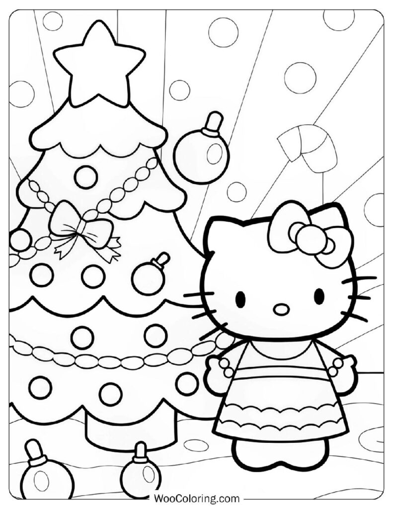 Seasonal Christmas-Themed Hello Kitty Picture To Color