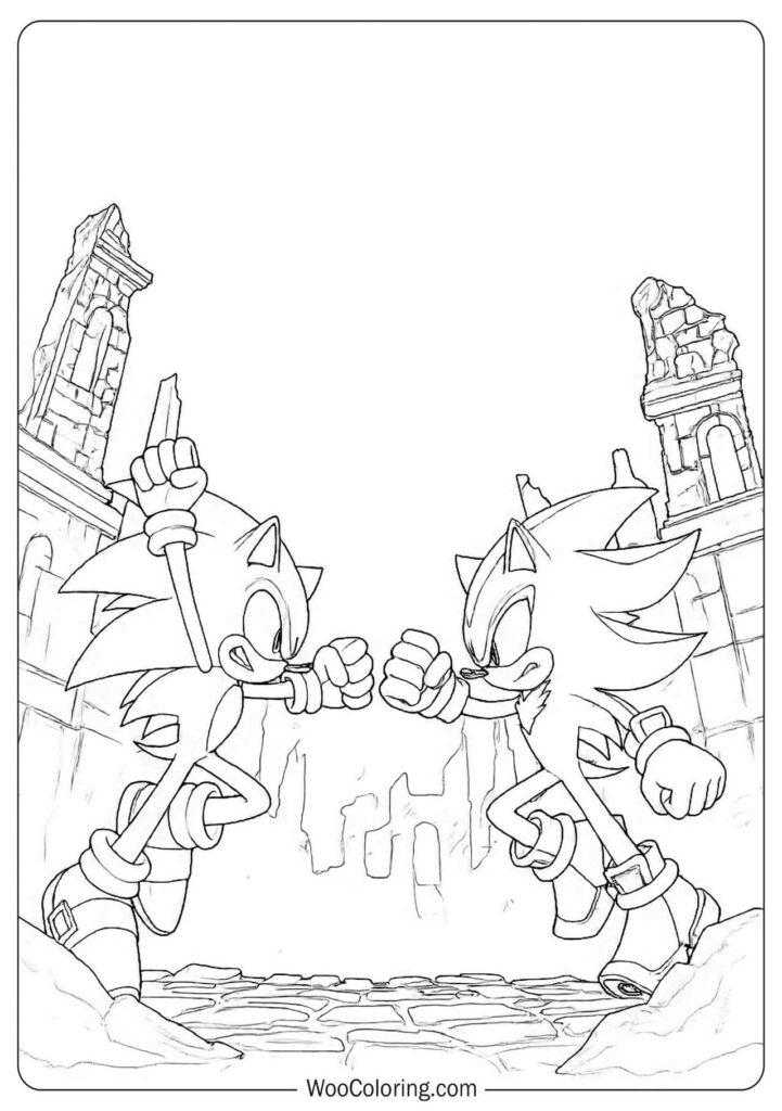 Shadow the Hedgehog and Sonic Battle Coloring Sheet in a dramatic 3D showdown full of motion and intensity