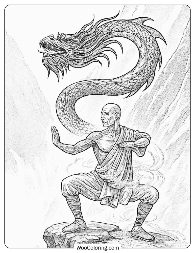 Shaolin Master And Dragon Coloring Page For Adults