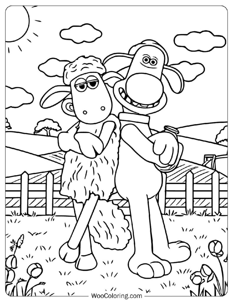 Bitzer and Shaun the Sheep Working Together on the Farm Coloring Sheet