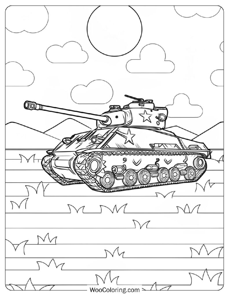 Sherman Tank With Simple Star Emblems in Battle Field