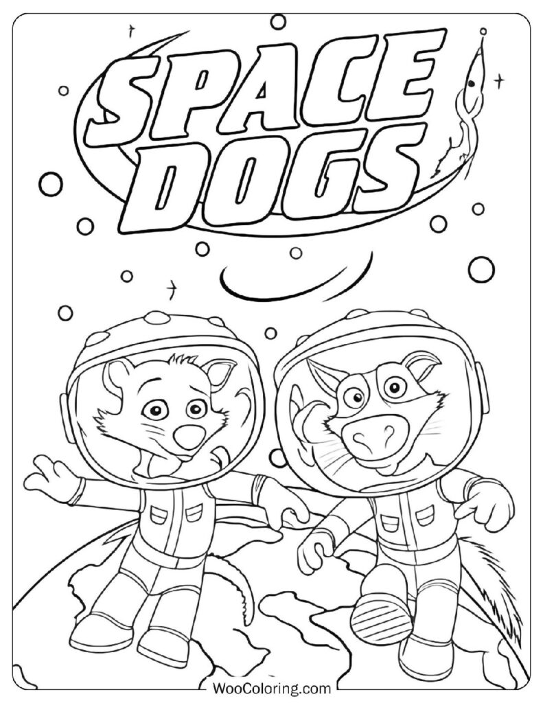Siberian Husky and Laika Floating in Space Suits from the Animated Movie Space Dogs