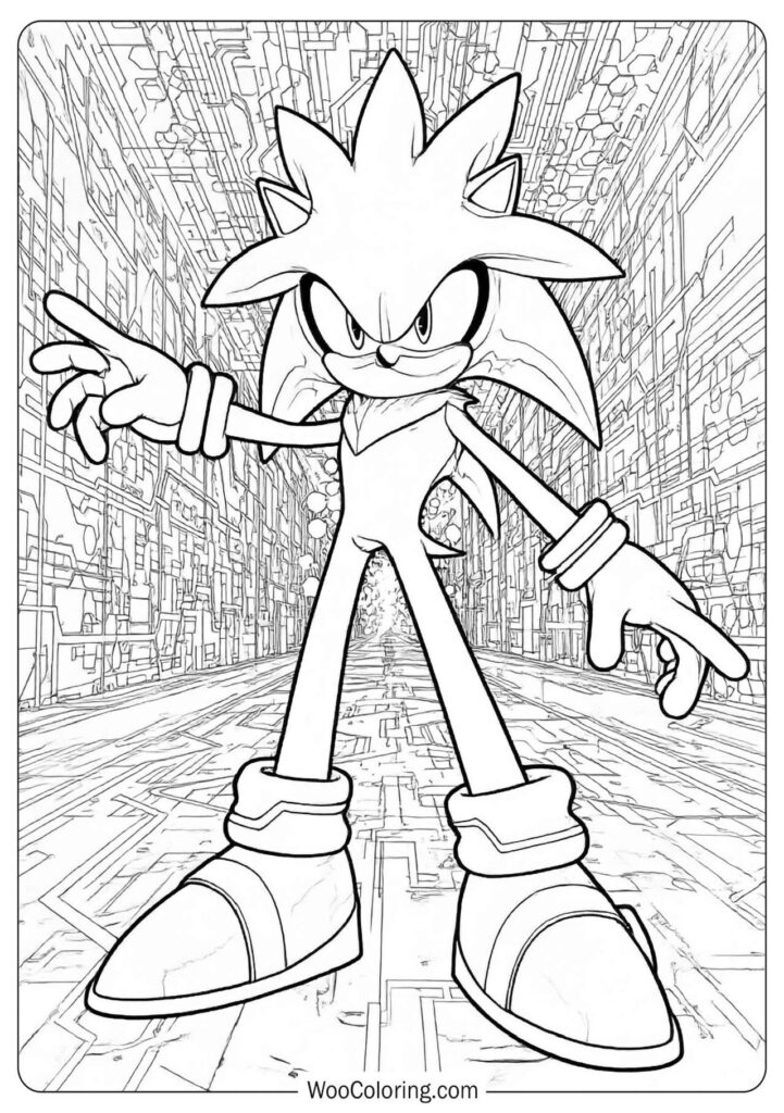 Silver Sonic Futuristic Coloring Sheet for Kids with bright energy, sleek details, and robotic textures