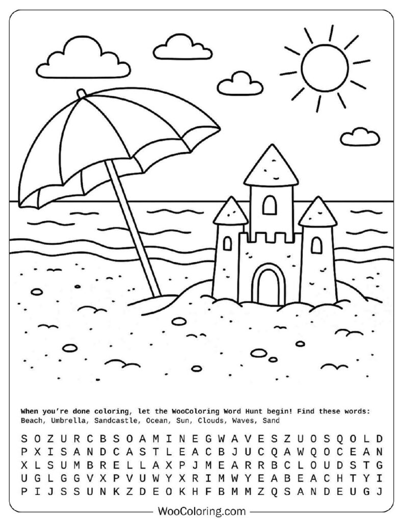 Sandcastle and umbrella on beach with sun, clouds and waves in peaceful summer coloring page