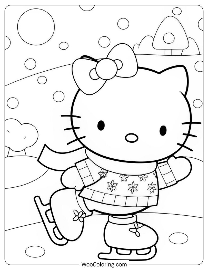 Simple Coloring Page Of Graceful Hello Kitty Ice Skating In Winter