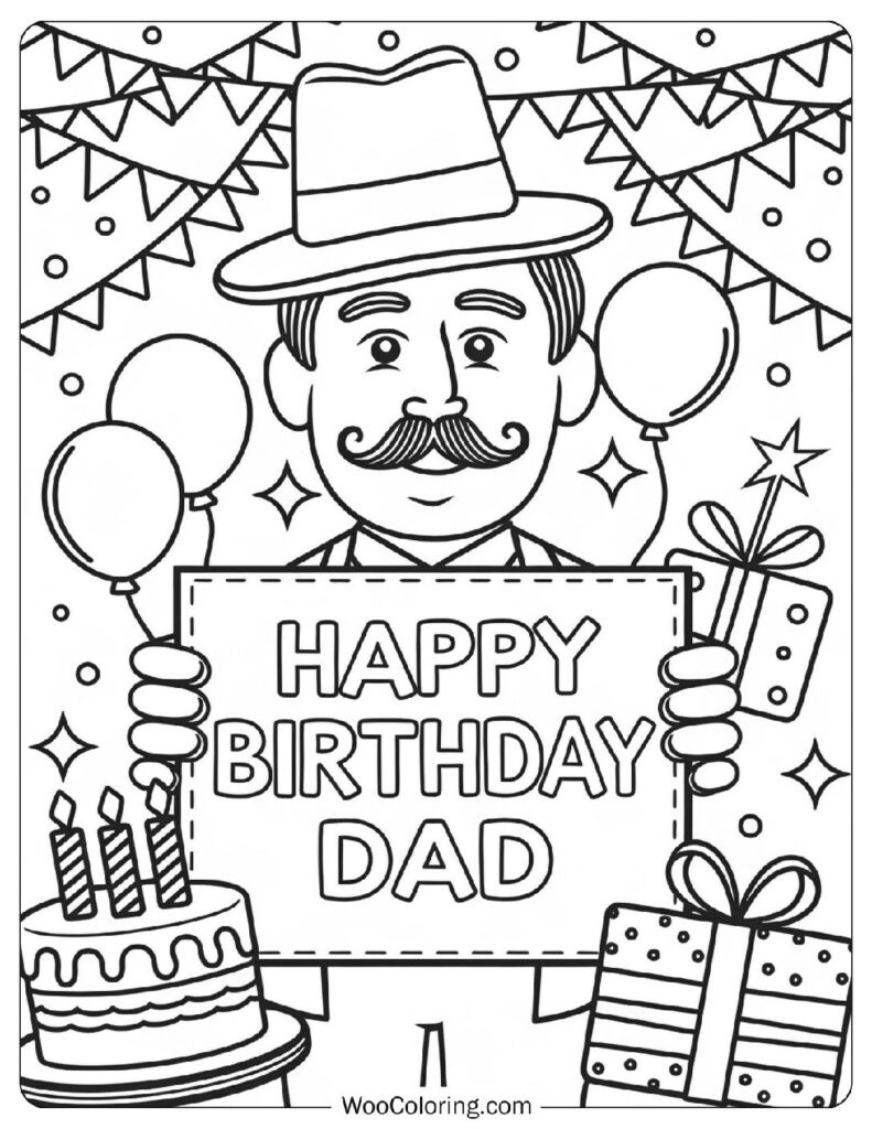 Simple Coloring Page Of Happy Birthday Dad Card