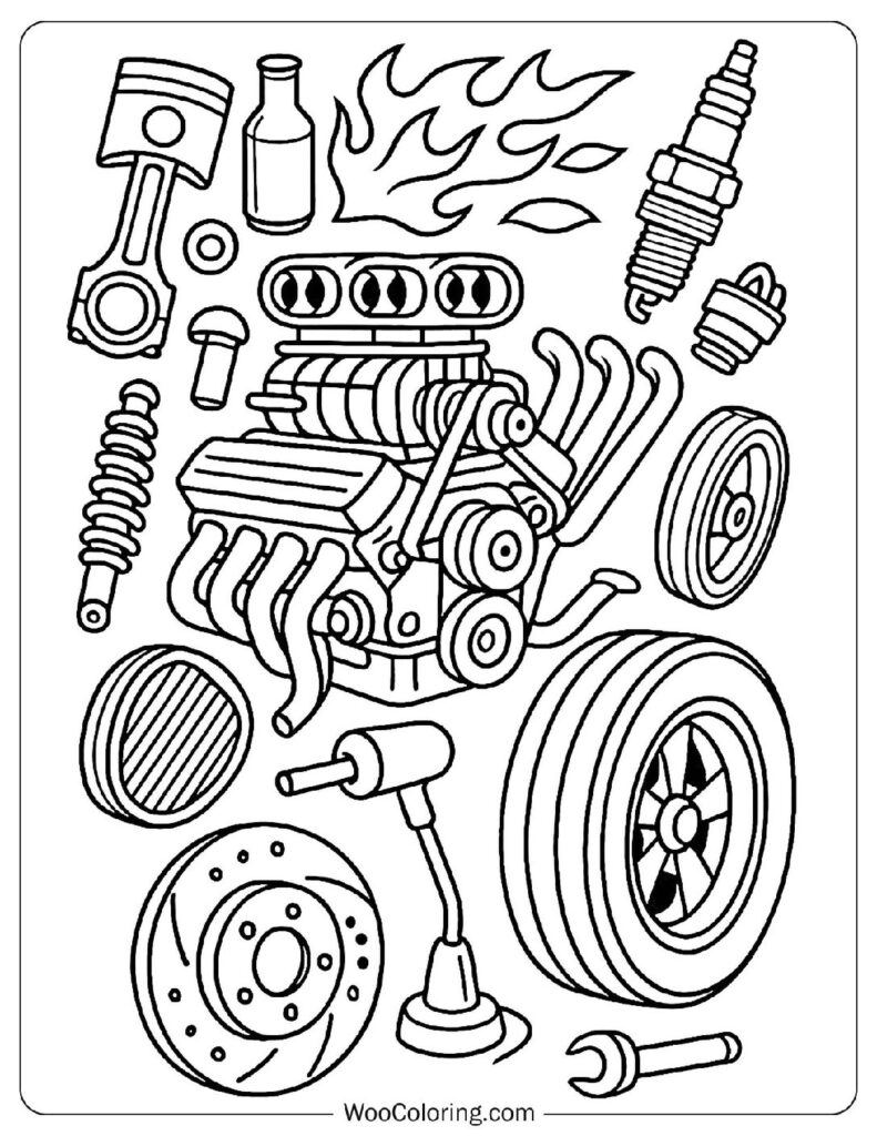 Simple Coloring Page Of Hot Rod Engine Parts and Tools