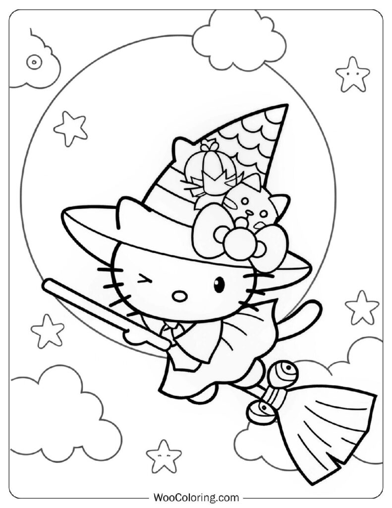 Simple Coloring Page Of Mystical Halloween Witch Hello Kitty