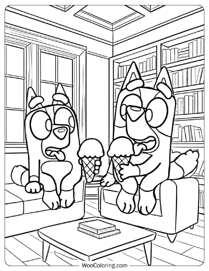 Simple Coloring Page of Bluey and Bingo Enjoying Ice Cream at Home