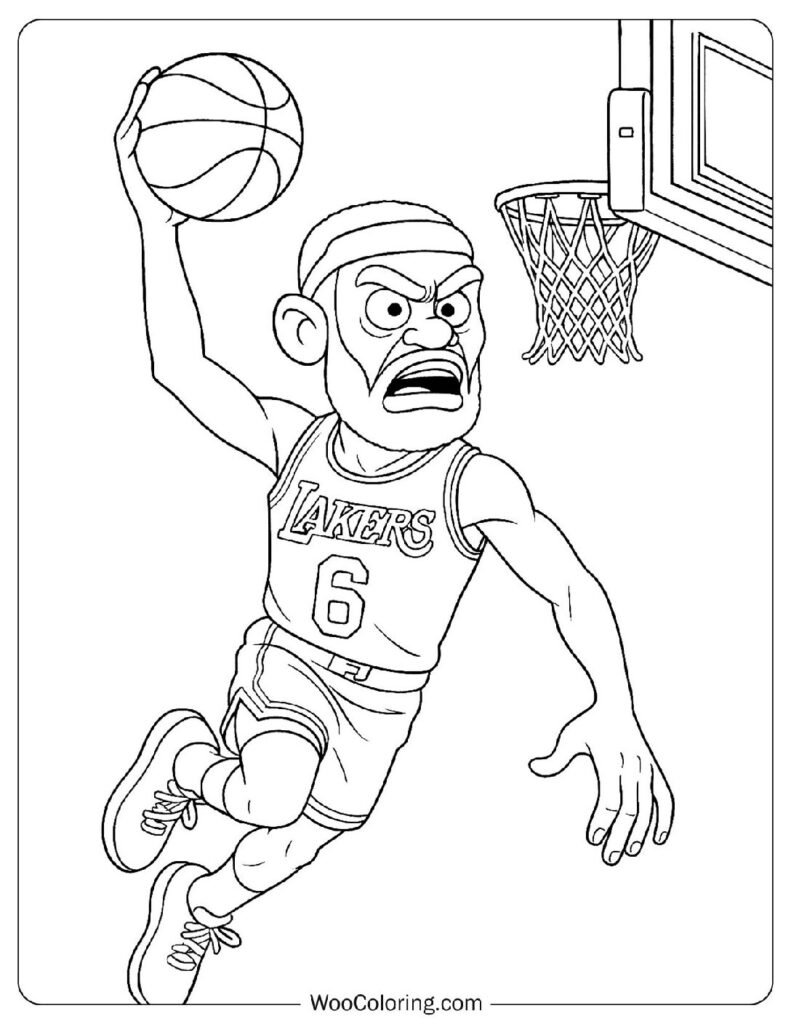 Simple Coloring Page of LBJ Soaring for a Powerful Dunk