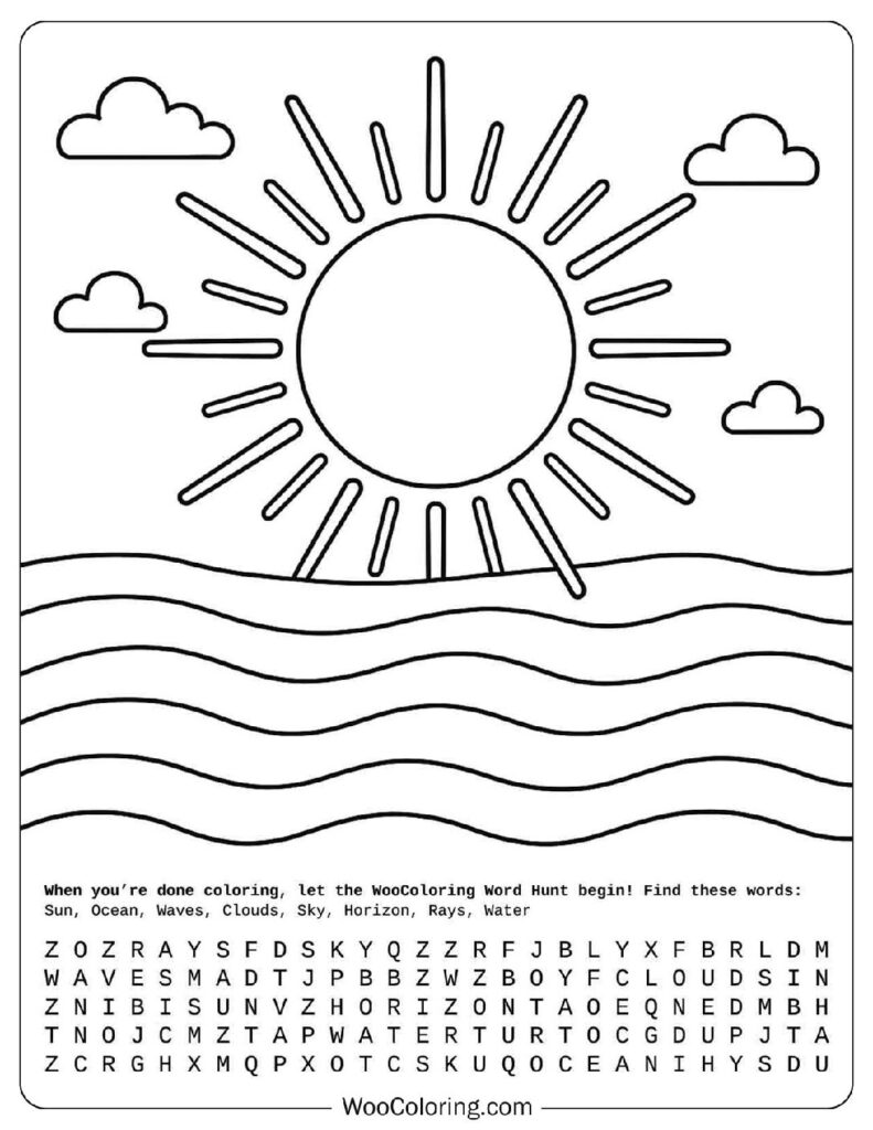 Sun over ocean waves with clouds in summer coloring page in simple line art style