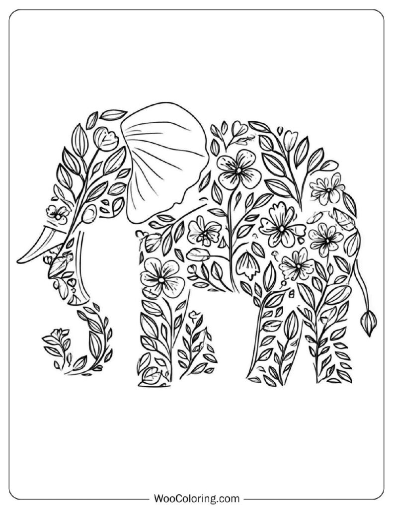 Floral Elephant Outline Coloring Page with Elegant Leaf Details