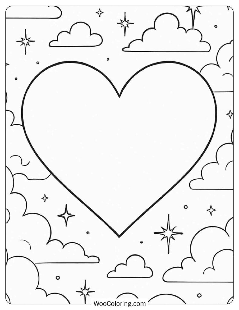 Simple Heart Outline Coloring Page with Starry Sky Background