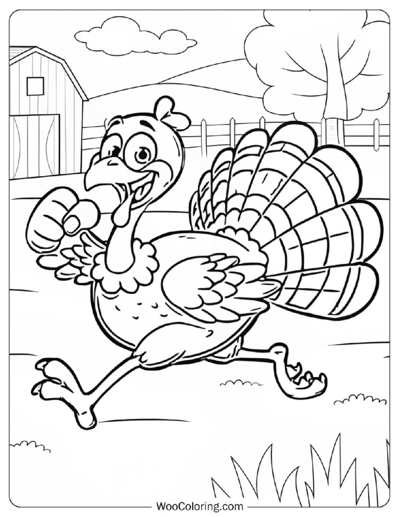 Simple Outline Cartoon Turkey Running On A Farm Coloring Page For Kids