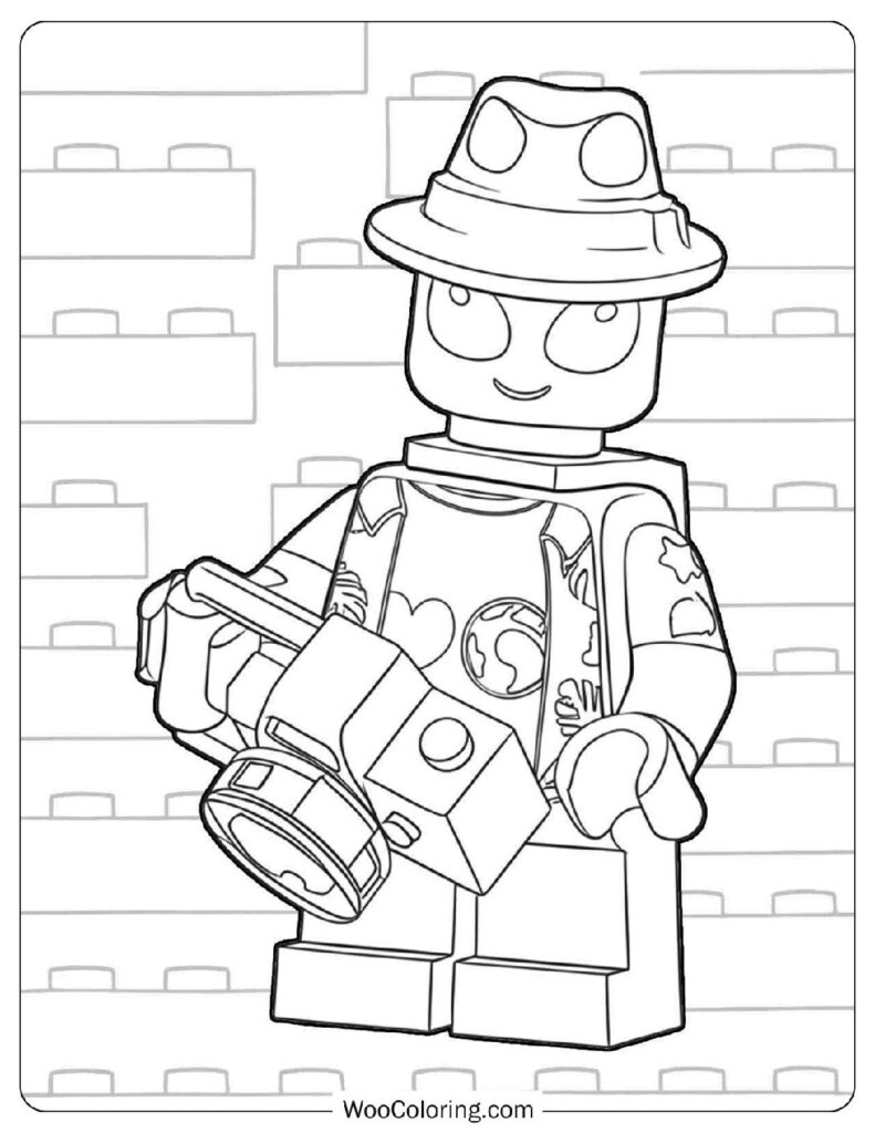 Lego Alien Tourist Taking Photos and Holding a Map in a Simple Line Art Outline