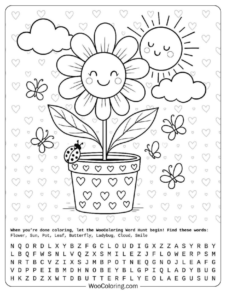 Simple Outline Coloring Page with Cute Flower and Happy Hearts