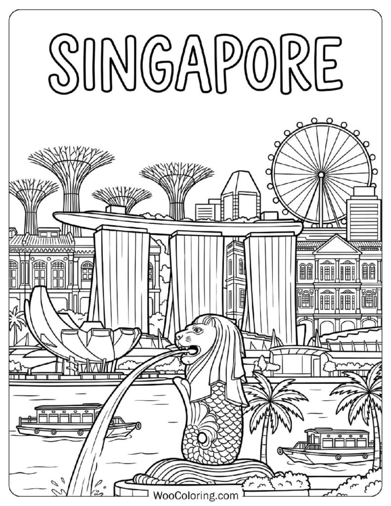 Singapore Skyline with Marina Bay Sands and Merlion
