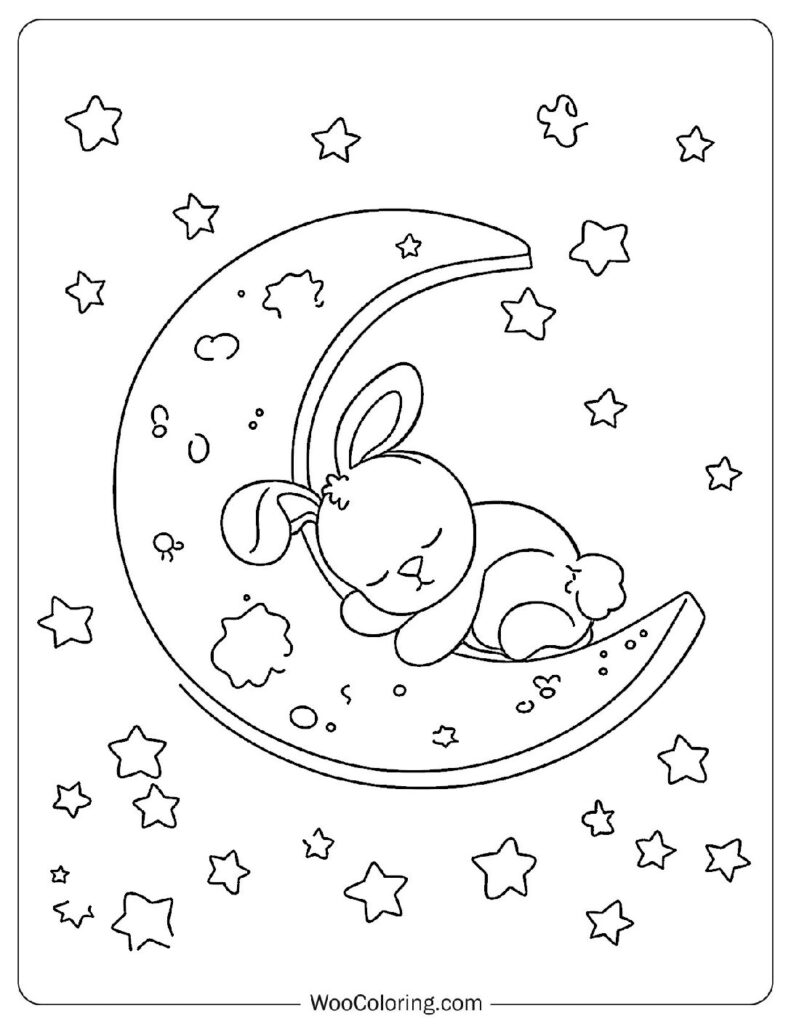 Sleeping Rabbit on Moon Coloring Page