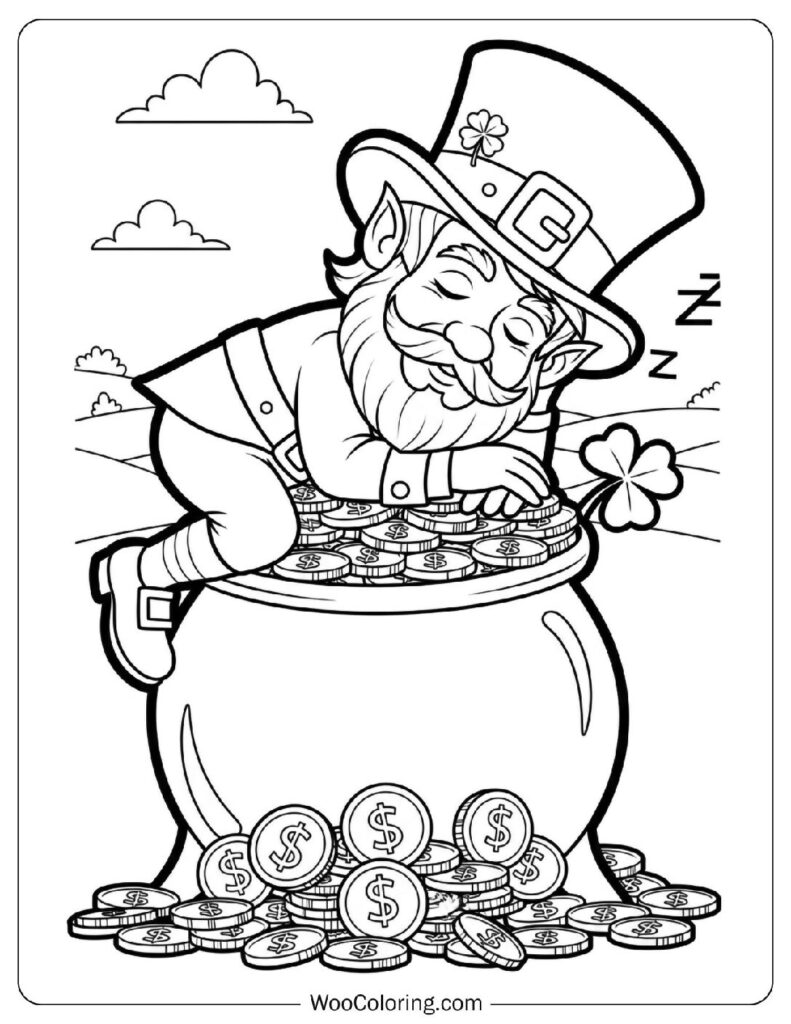 Sleepy Leprechaun Napping on a Pot of Gold Coloring Sheet for Preschoolers