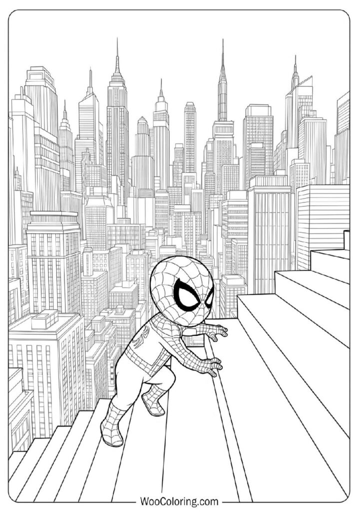 Small Spiderman Exploring a Huge City While Climbing Tiny Steps