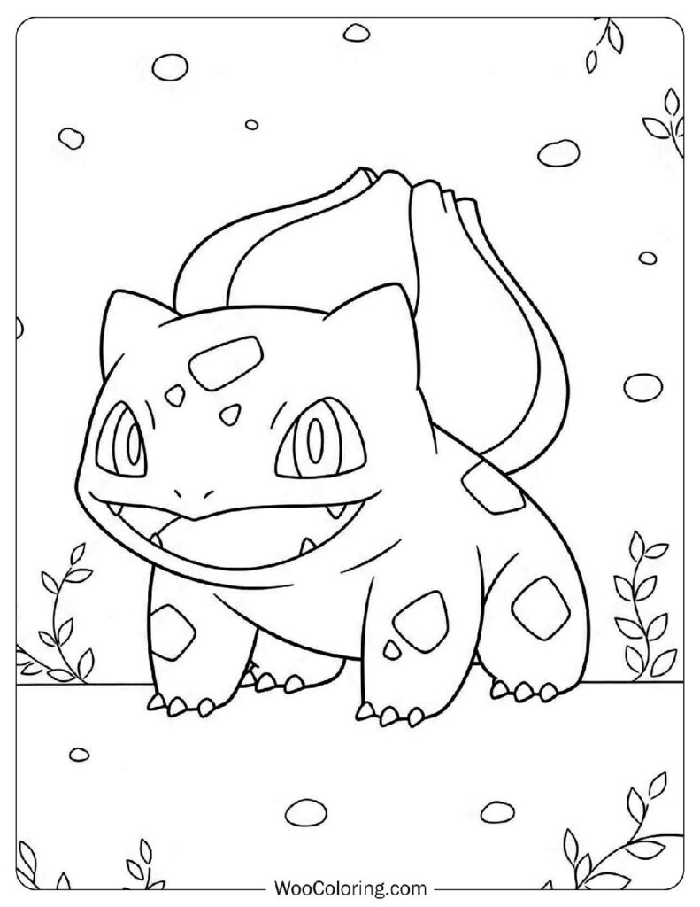 Smiling Bulbasaur in a Leafy Garden Coloring Picture