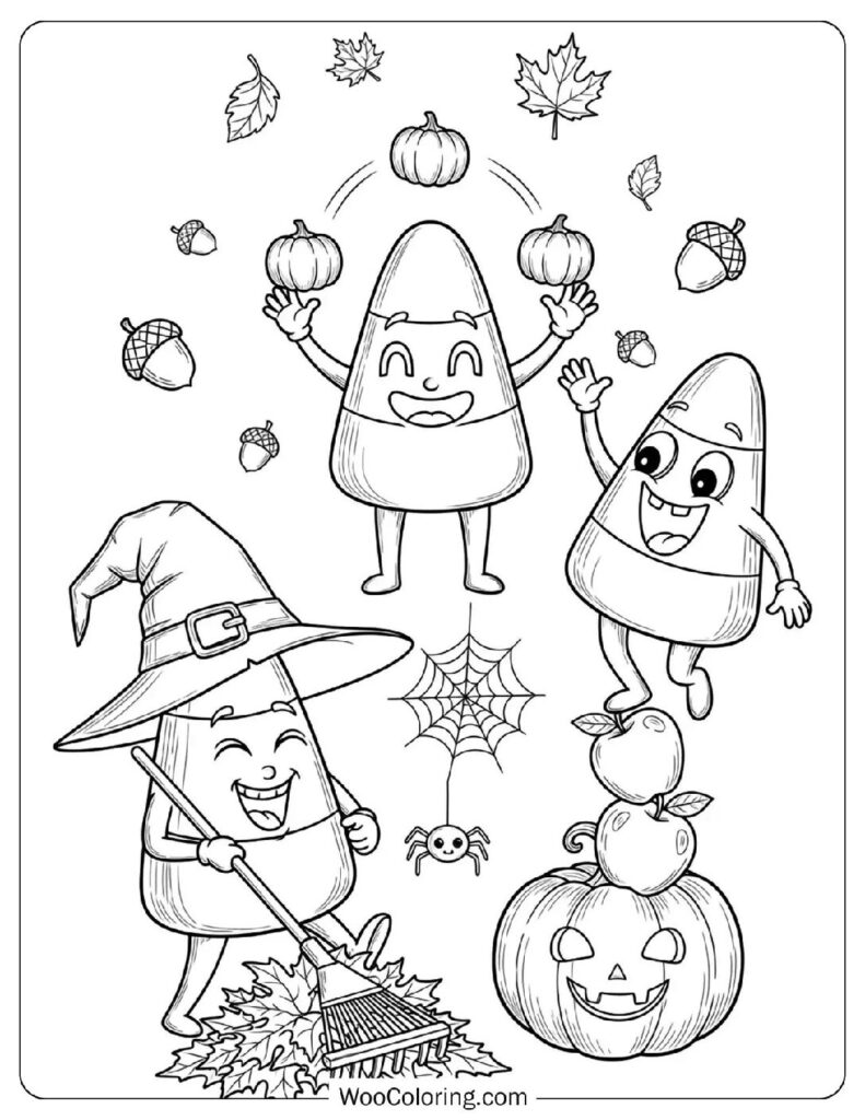 Smiling Candy Corn Trio coloring page