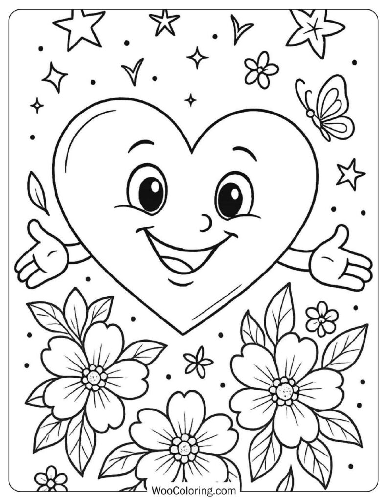 Smiling Heart Character Coloring Page for Kids