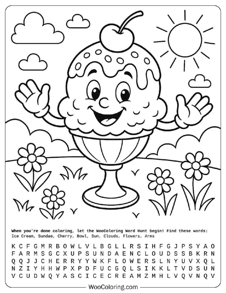 Smiling ice cream sundae with cherry waving in sunny flower field in summer coloring page