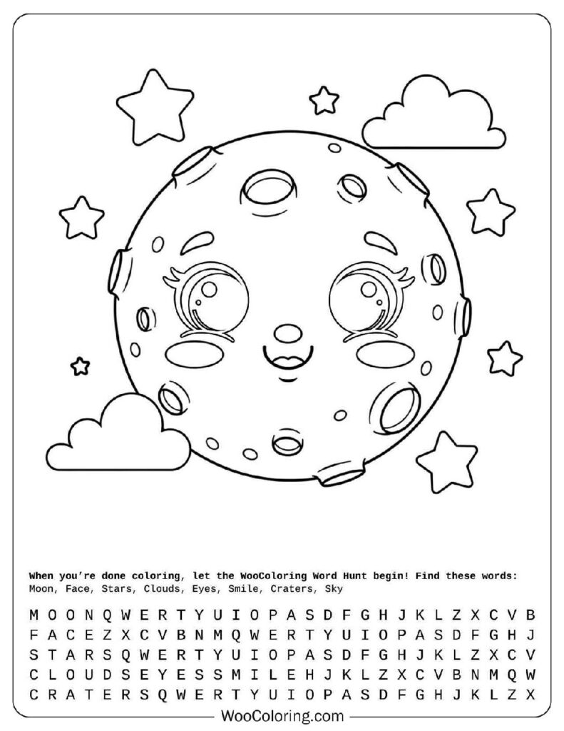 Smiling Moon Face with Cute Eyes Coloring Page for Preschoolers