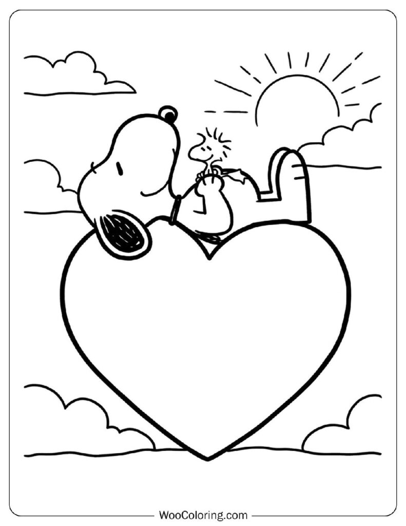 Snoopy and Woodstock Resting on a Giant Heart Coloring Sheet for Kids