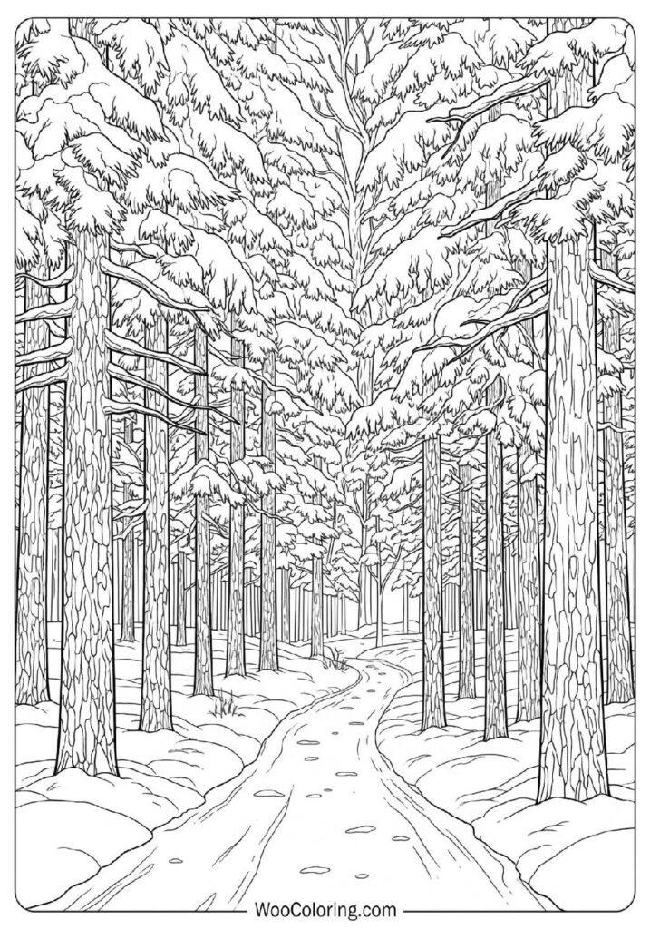 Snow-Covered Pathway Winding Through a Peaceful Winter Forest Coloring Page