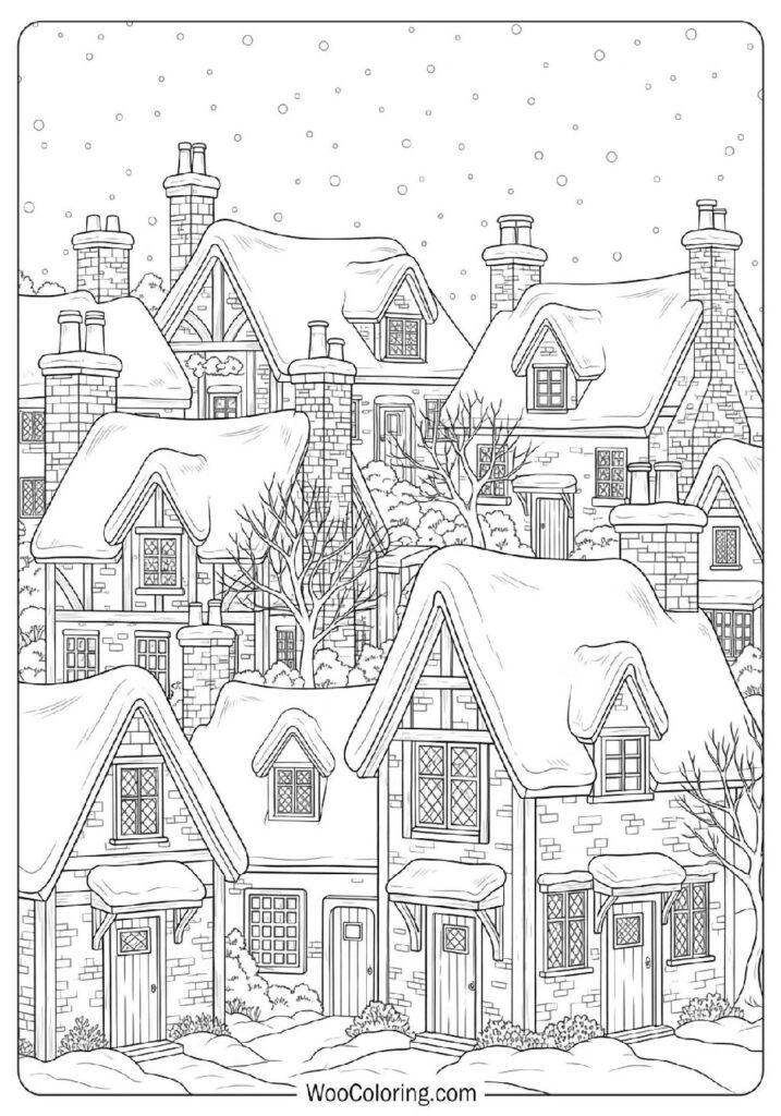 Snow Falling Gently Across Rooftops in a Peaceful Village Scene
