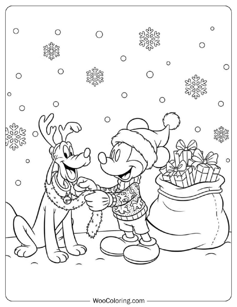 Snowy Gift Fun With Mickey Mouse And Pluto Wearing Christmas
