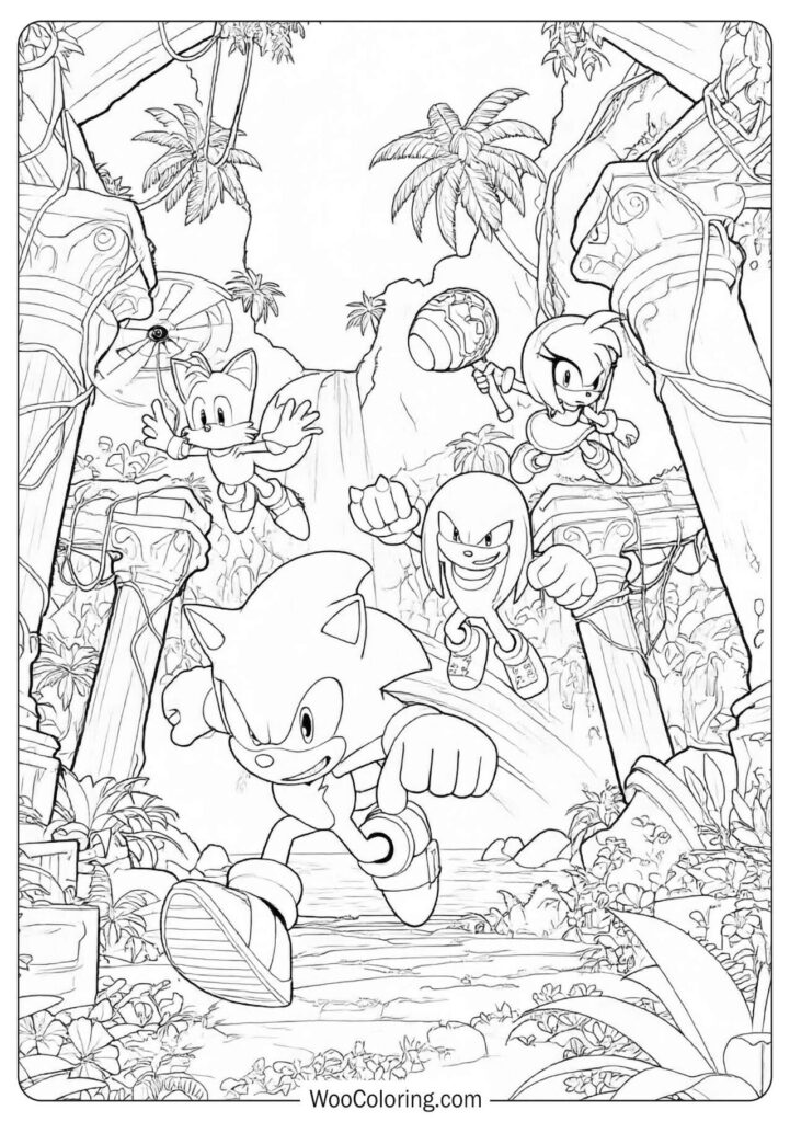 Sonic Boom Characters Team Coloring Sheet for Kids standing strong together in a bold 3D lineup