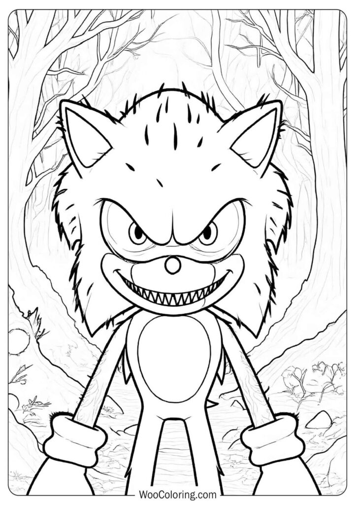 Sonic Exe Horror Coloring Page for Kids featuring a haunting forest and eerie corrupted details