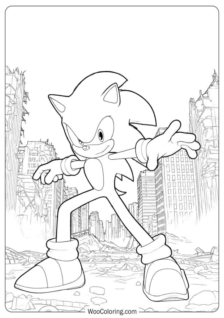 Sonic Forces Coloring Sheet for Preschoolers with bold character energy and burning city backdrop