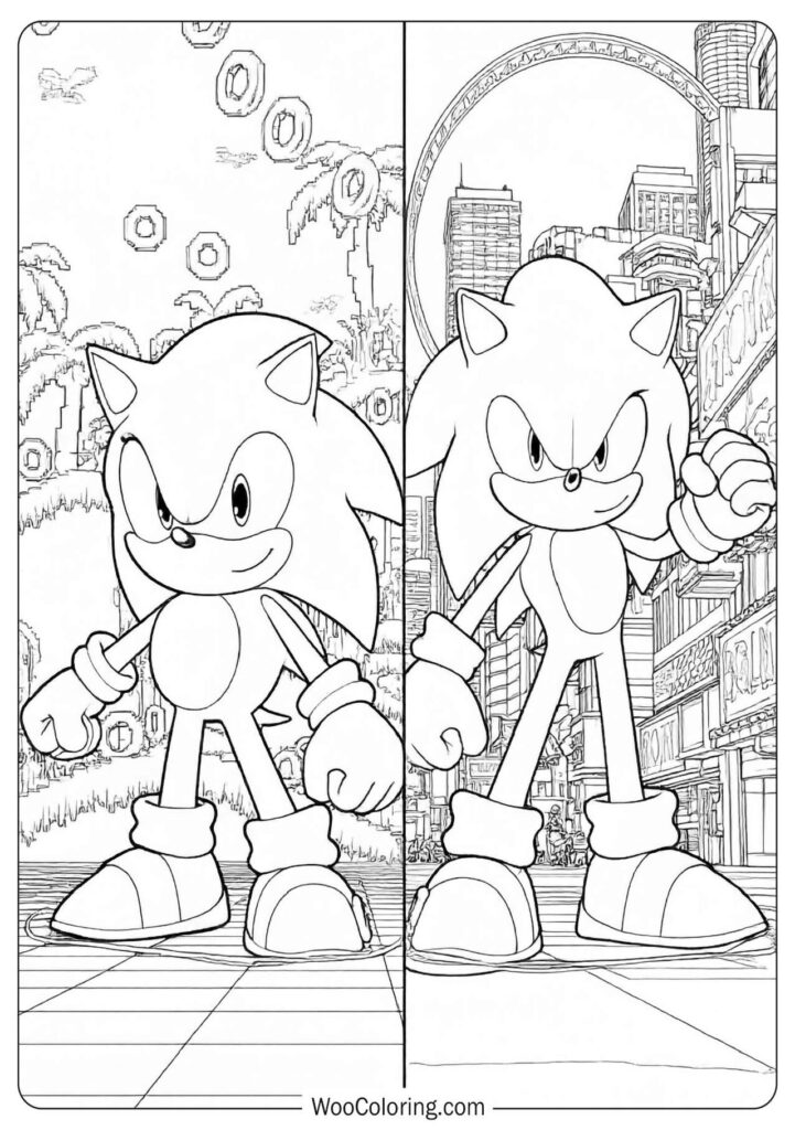 Sonic Generations Dual Sonic Coloring Picture with retro and modern Sonics running side by side